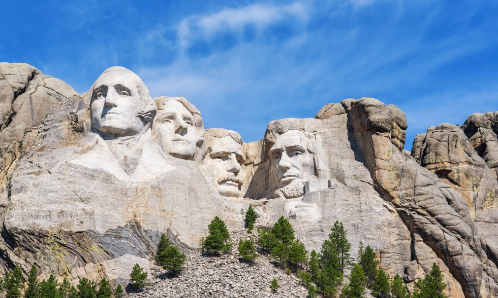 Praesidentenkoepfe in Stein im Mount Rushmore, South Dakota