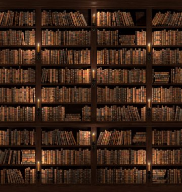dunkles Bücherregal mit vielen Büchern und Kerzen